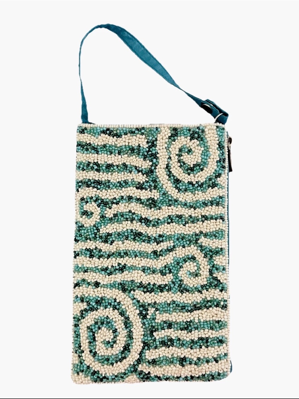 Handmade Beaded Wristlet Phone Bag Blue White Swirl Pattern Boho Coastal
